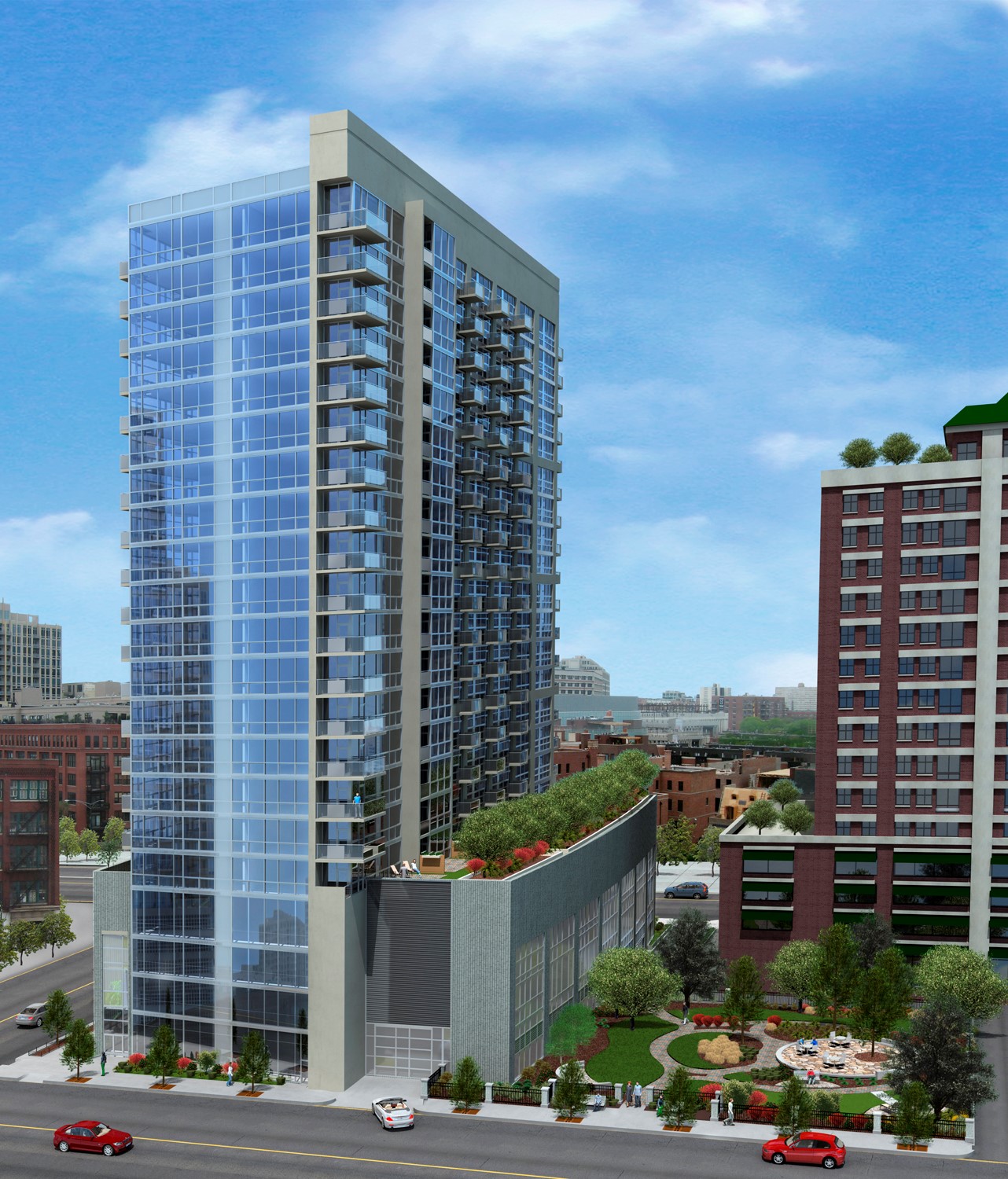 New construction 21-story multi-use reinforced concrete apartment tower with enclosed ramped parking on floor 1-4. The building features a generous entry lobby and many amenities including private storage spaces, large community room, outdoor terrace, and a health spa.