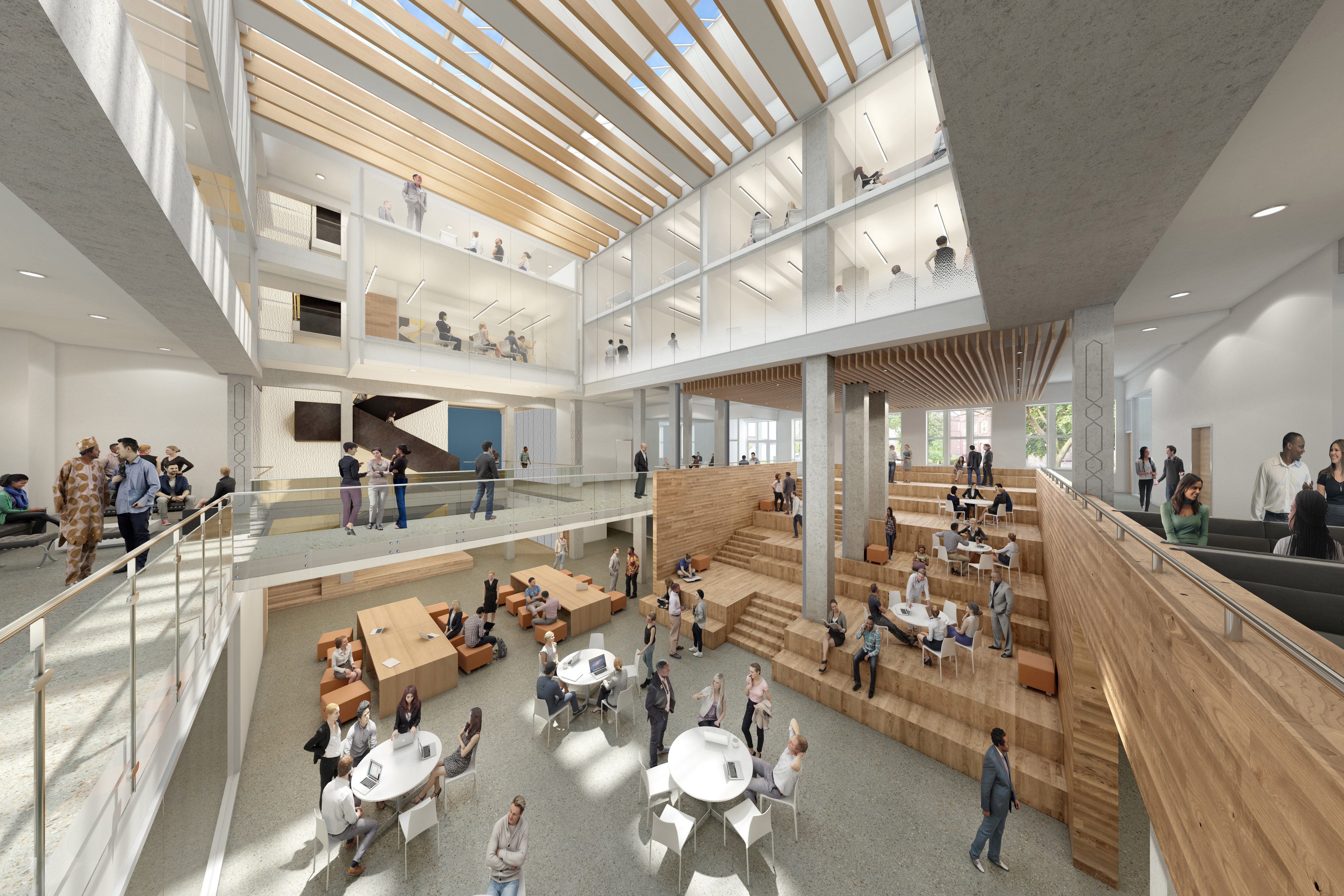 Complete renovation and adaptive re-use of a student residence building into a new school. The renovation will feature a large central Forum Atrium to be cut into the existing structure, and a large new roof level meeting space and terrace.